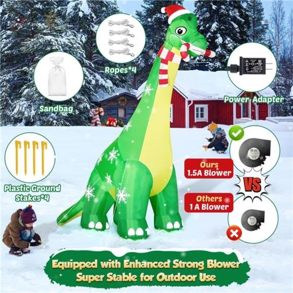 13FT Dinosaur Christmas Inflatable Decor, Built-in LED Lights with Candy Cane - Picture 4 of 7